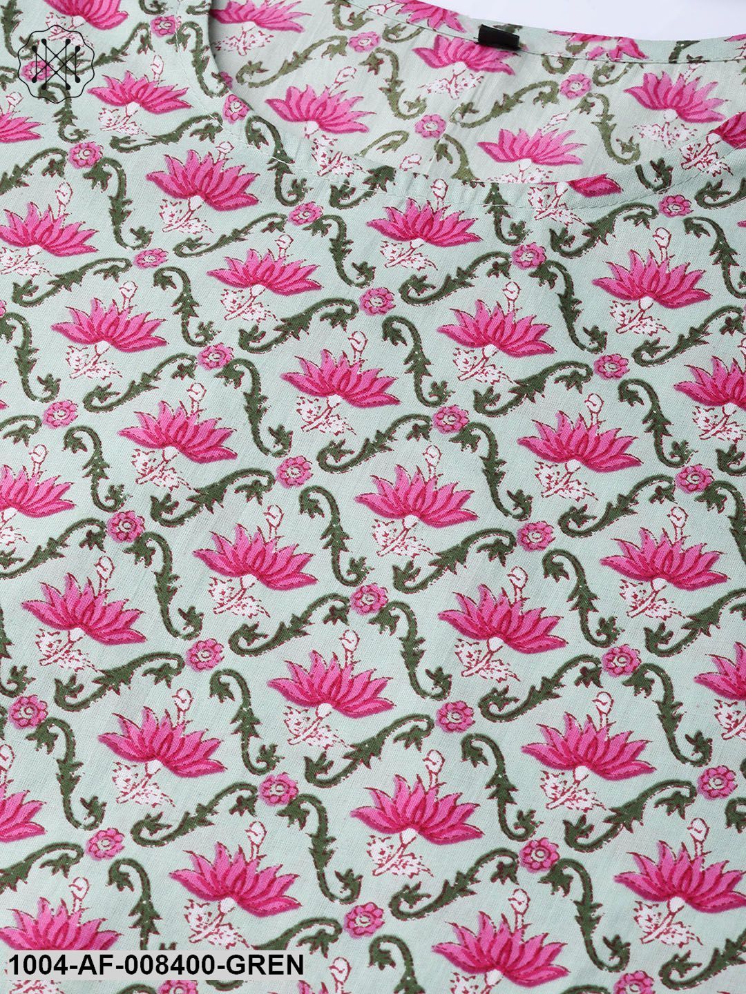 Pastel Green & Magenta Printed Straight Kurta With Pant