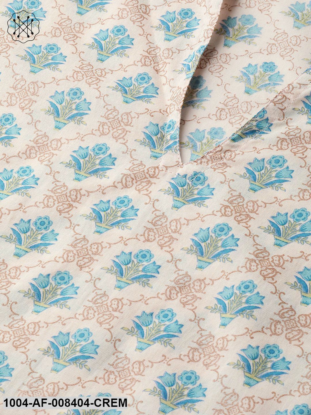 Cream Printed Kurta Set With Solid Green Pant