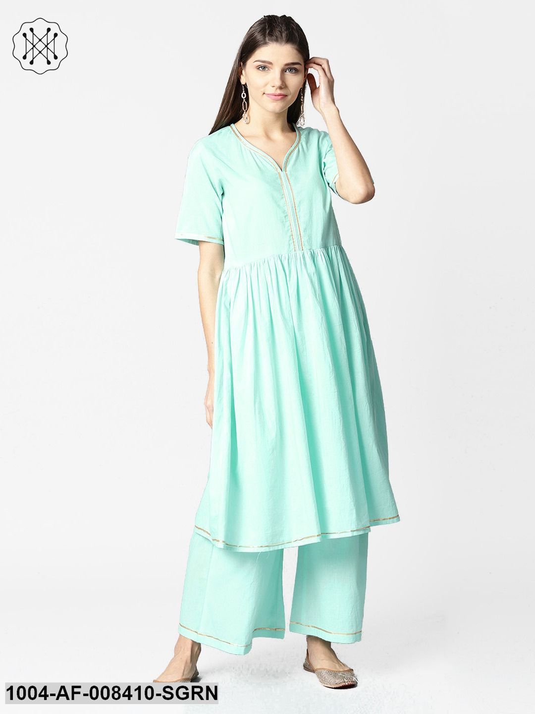 Sea Green Half Sleeve Cotton Anarkali Kurta With Ankle Length Pallazo