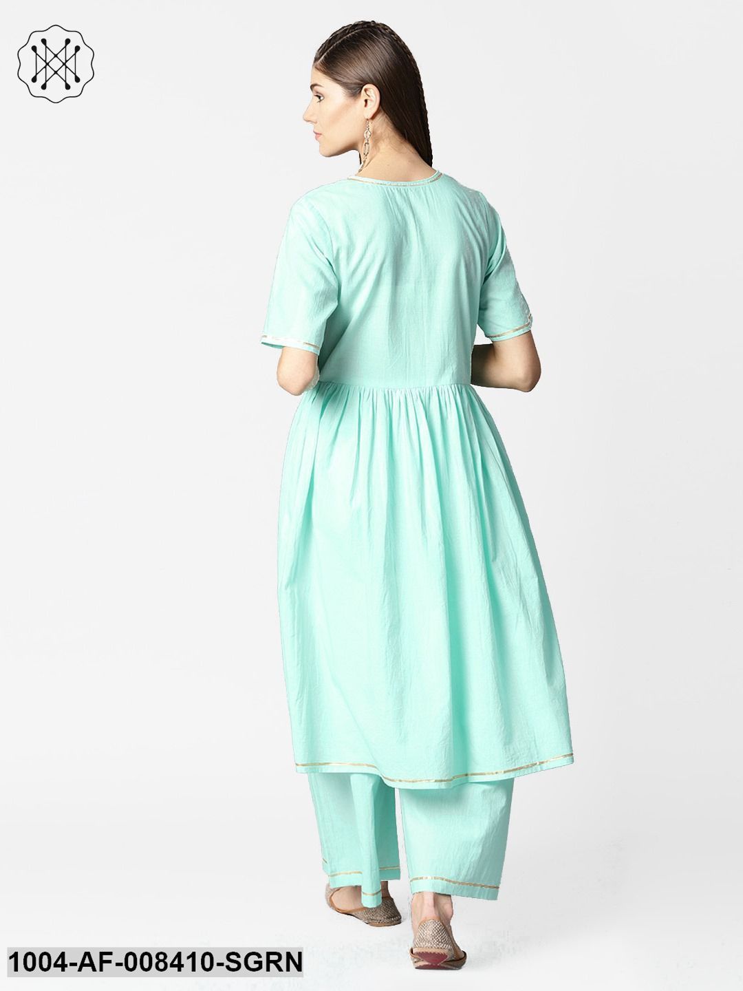 Sea Green Half Sleeve Cotton Anarkali Kurta With Ankle Length Pallazo