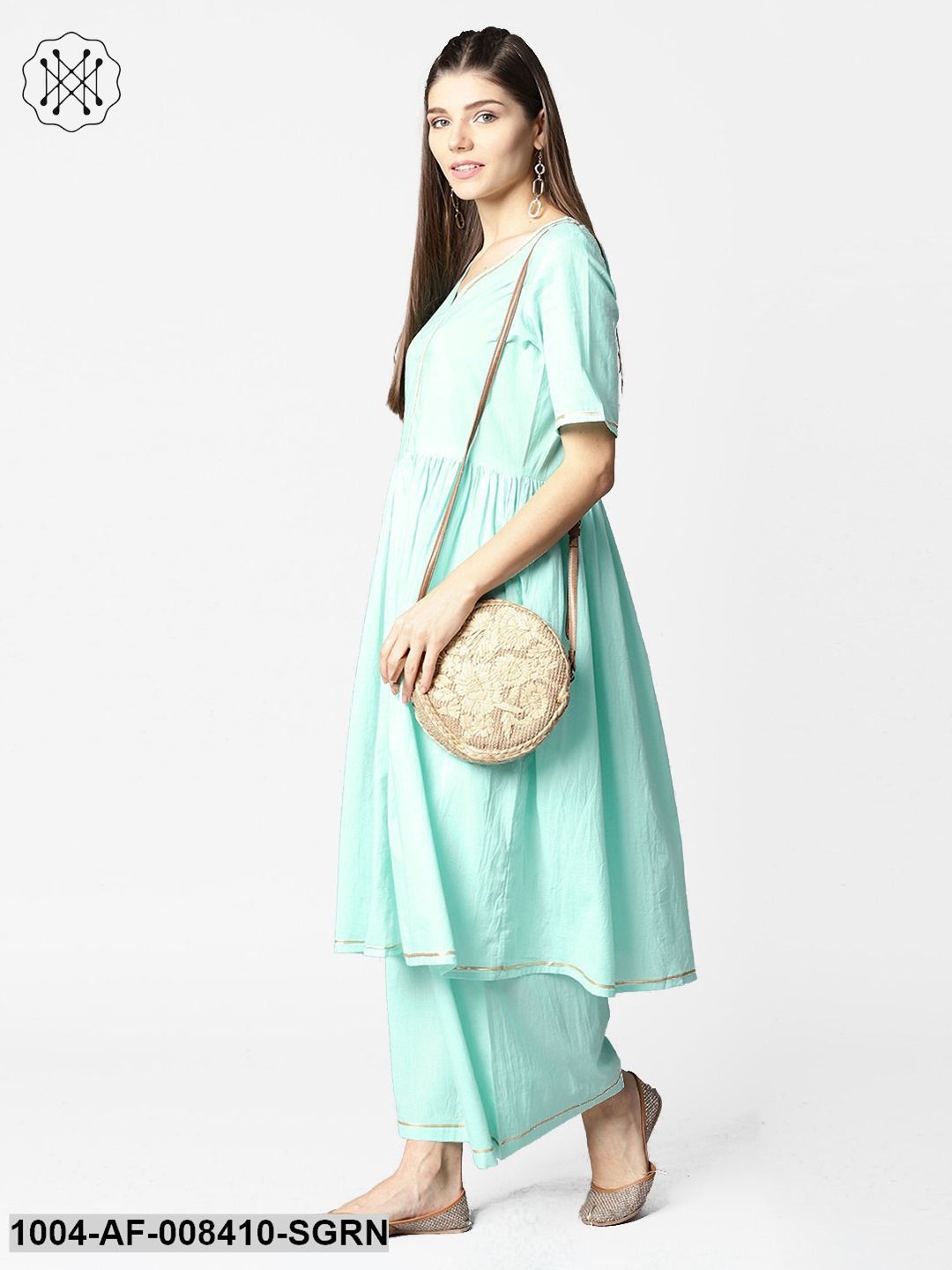 Sea Green Half Sleeve Cotton Anarkali Kurta With Ankle Length Pallazo