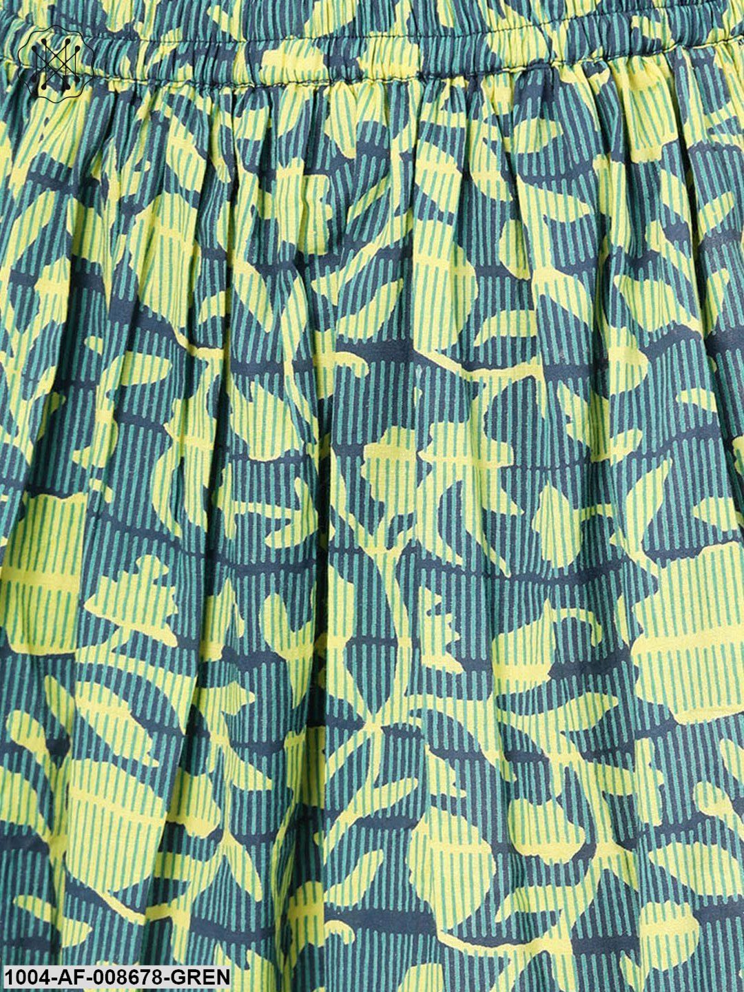 Teal Green & Lime Green Floral Printed Kurta Set with Skirt