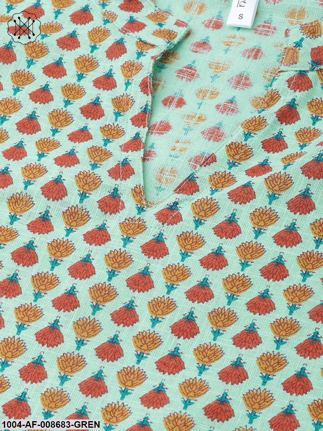 Pastel green Multi Coloured Printed Kurta set with Solid Yellow Skirt