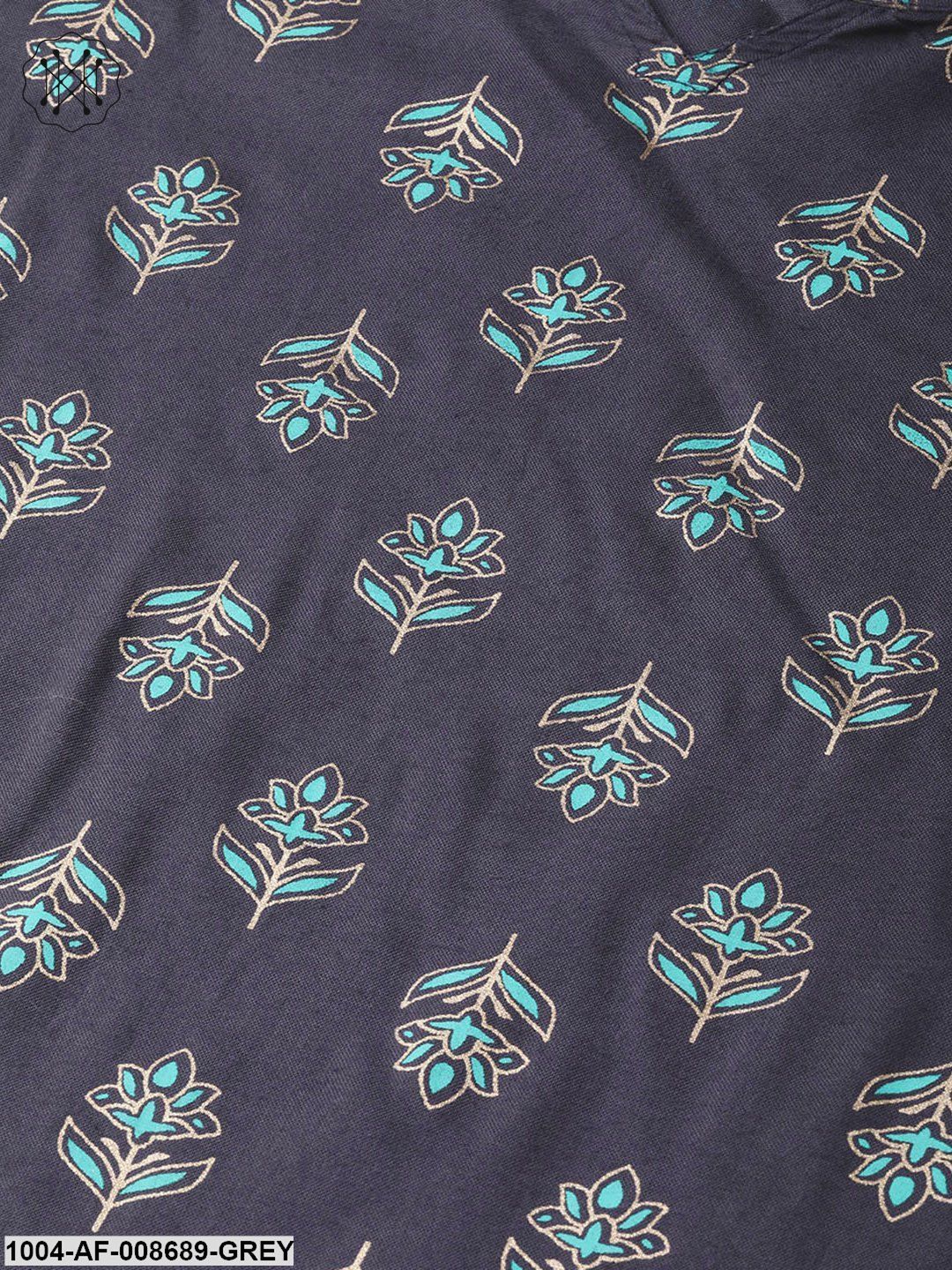 Grey Printed Straight Kurta set with Mango Checked Skirt