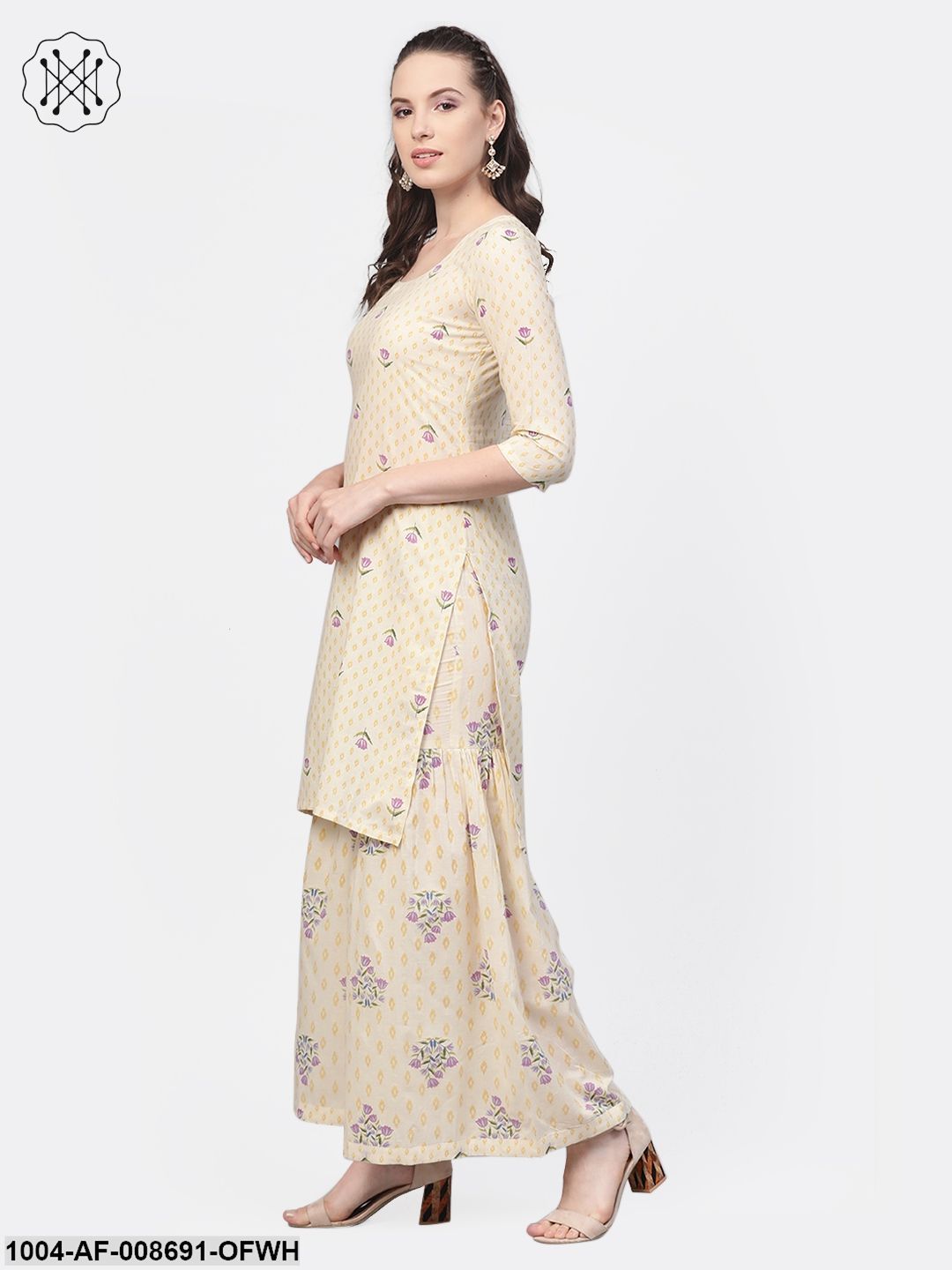 Off white & Lavender Printed kurta set with Sharara and Dupatta