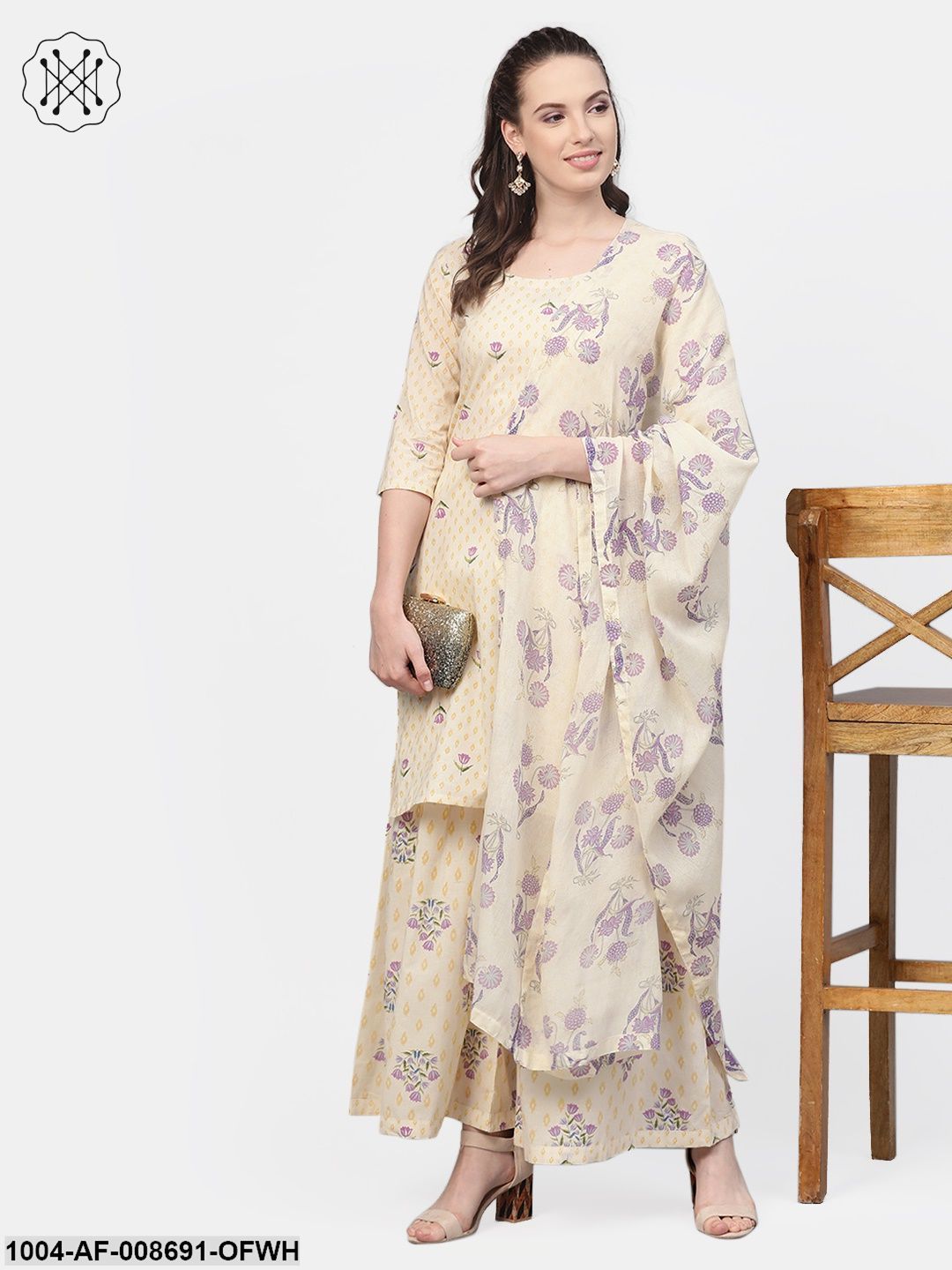 Off white & Lavender Printed kurta set with Sharara and Dupatta