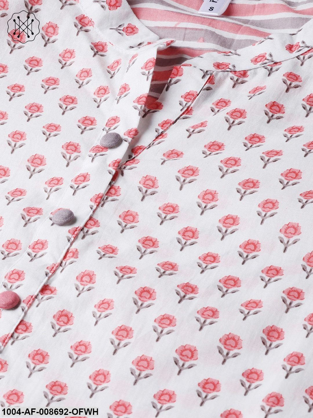 Off white & Pink Floral Printed kurta set with striped Palazzo