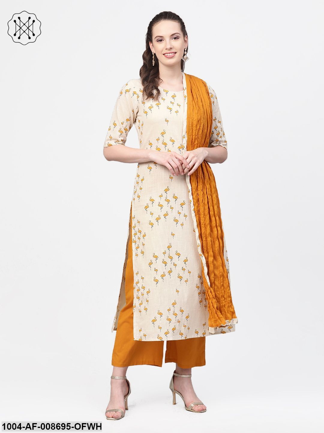 Mustard & off white Printed kurta Set with Palazzo & dupatta