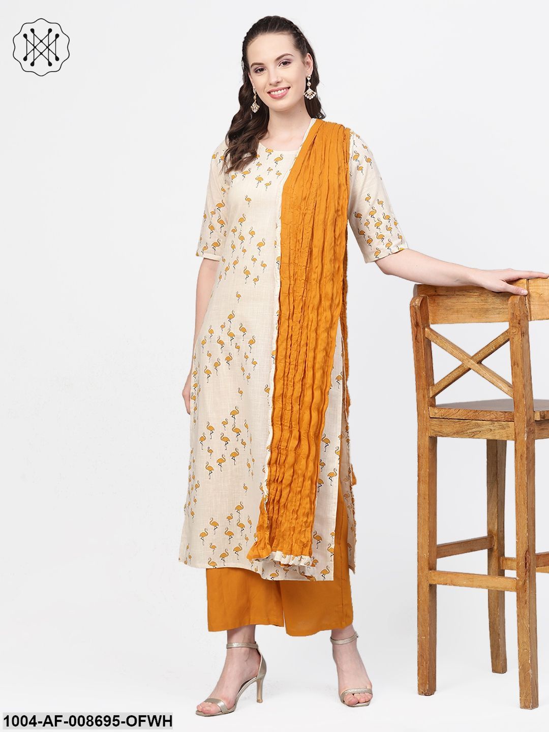 Mustard & off white Printed kurta Set with Palazzo & dupatta