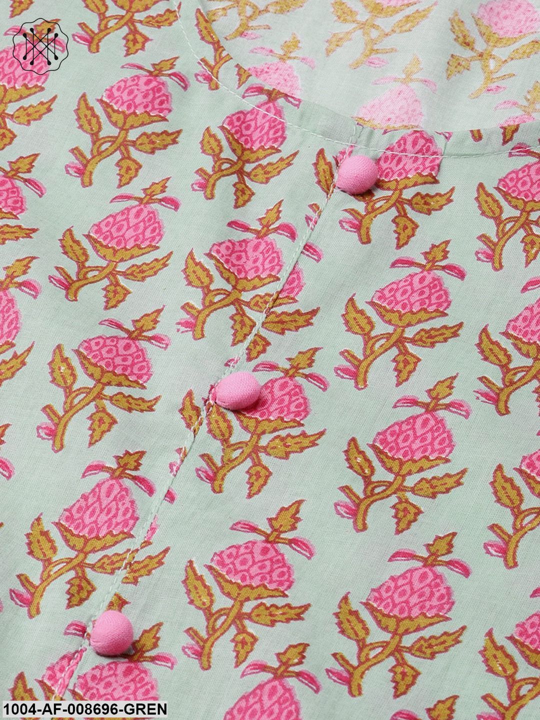 Green & Pink Printed Kurta set with Palazzo & dupatta