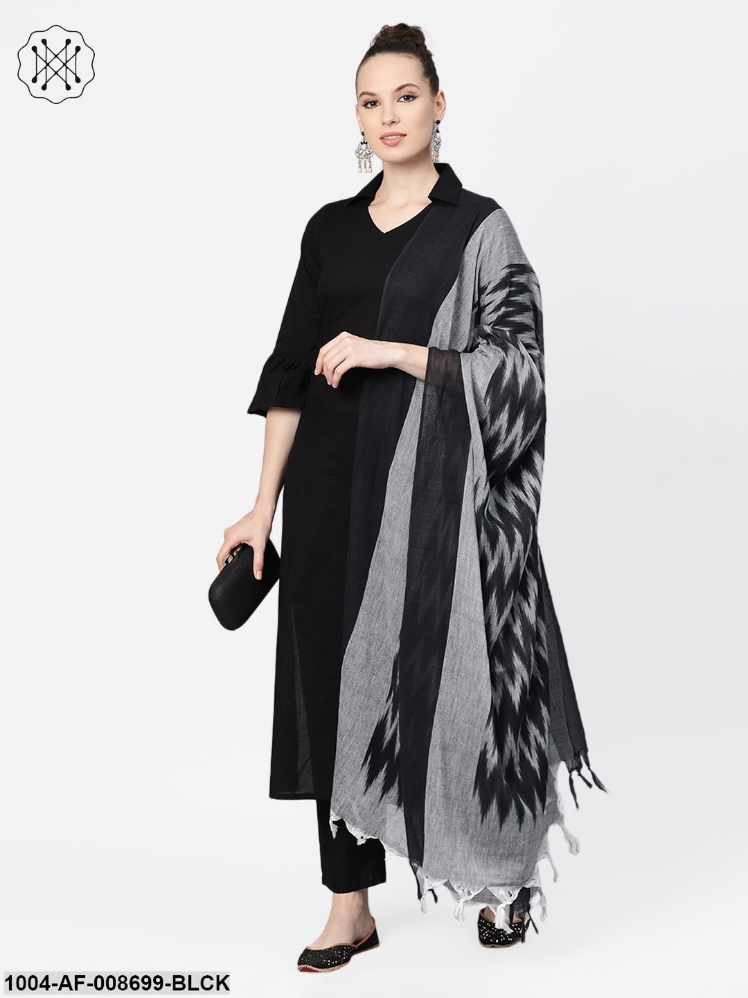 Solid Black Kurta & palazzos with grey & black chevron printed dupatta