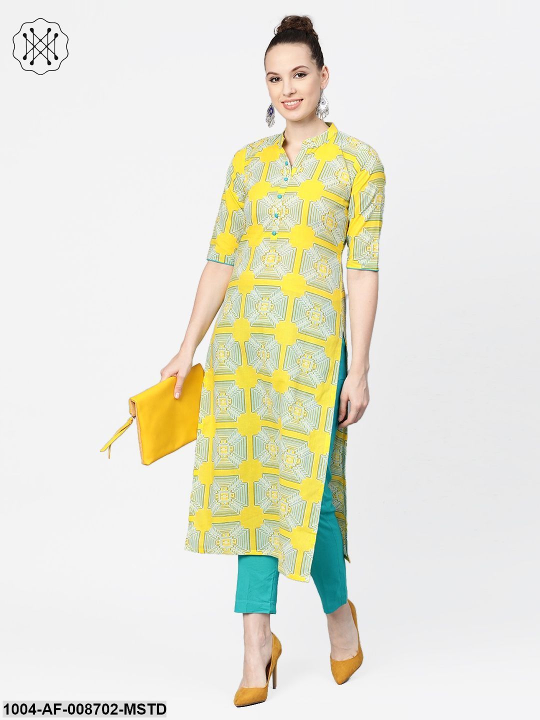 Mustard Printed Straight cotton kurta set with blue pant