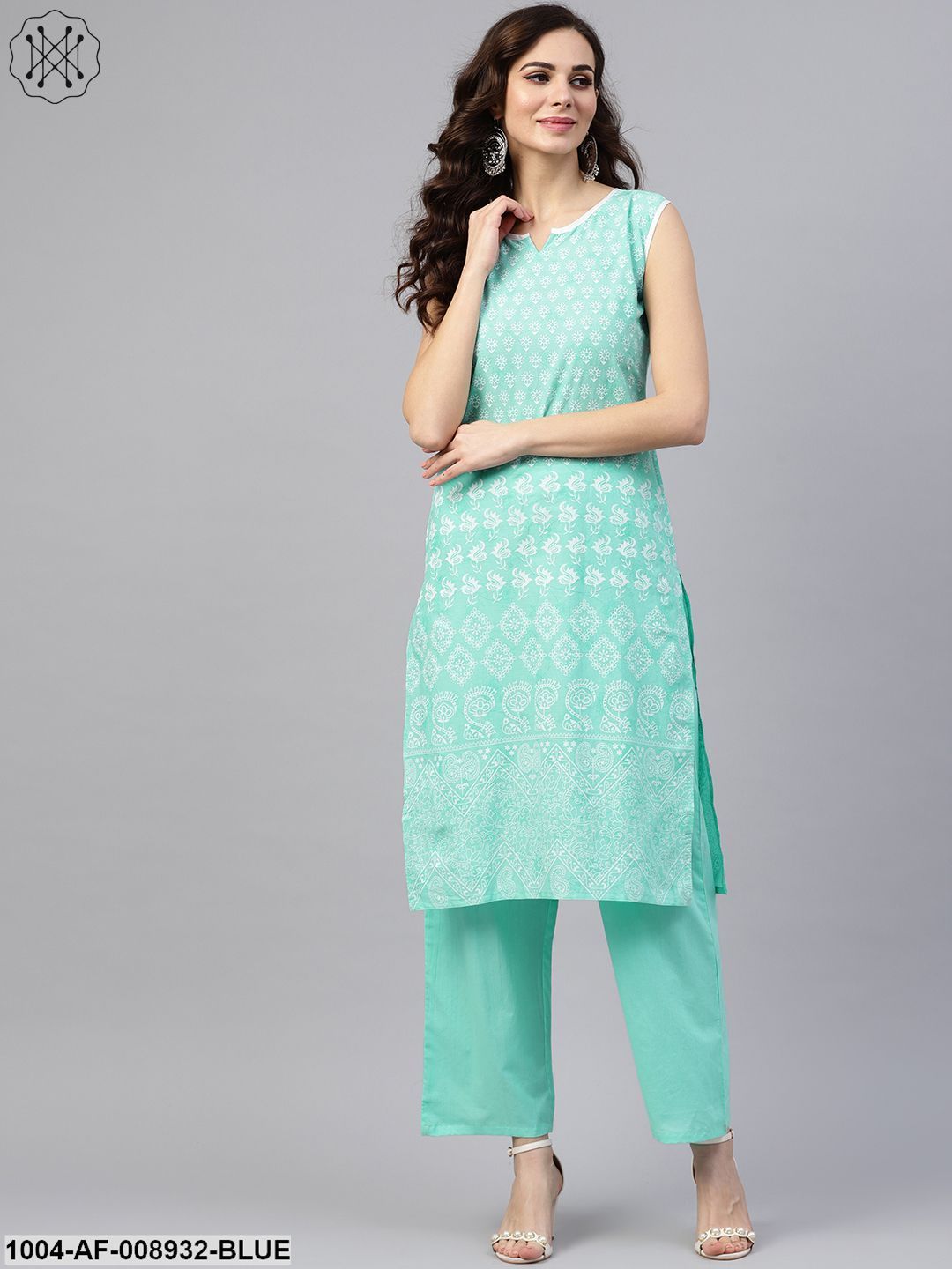Sky Blue Sleeveless Printed Kurta Set With Solid Pants