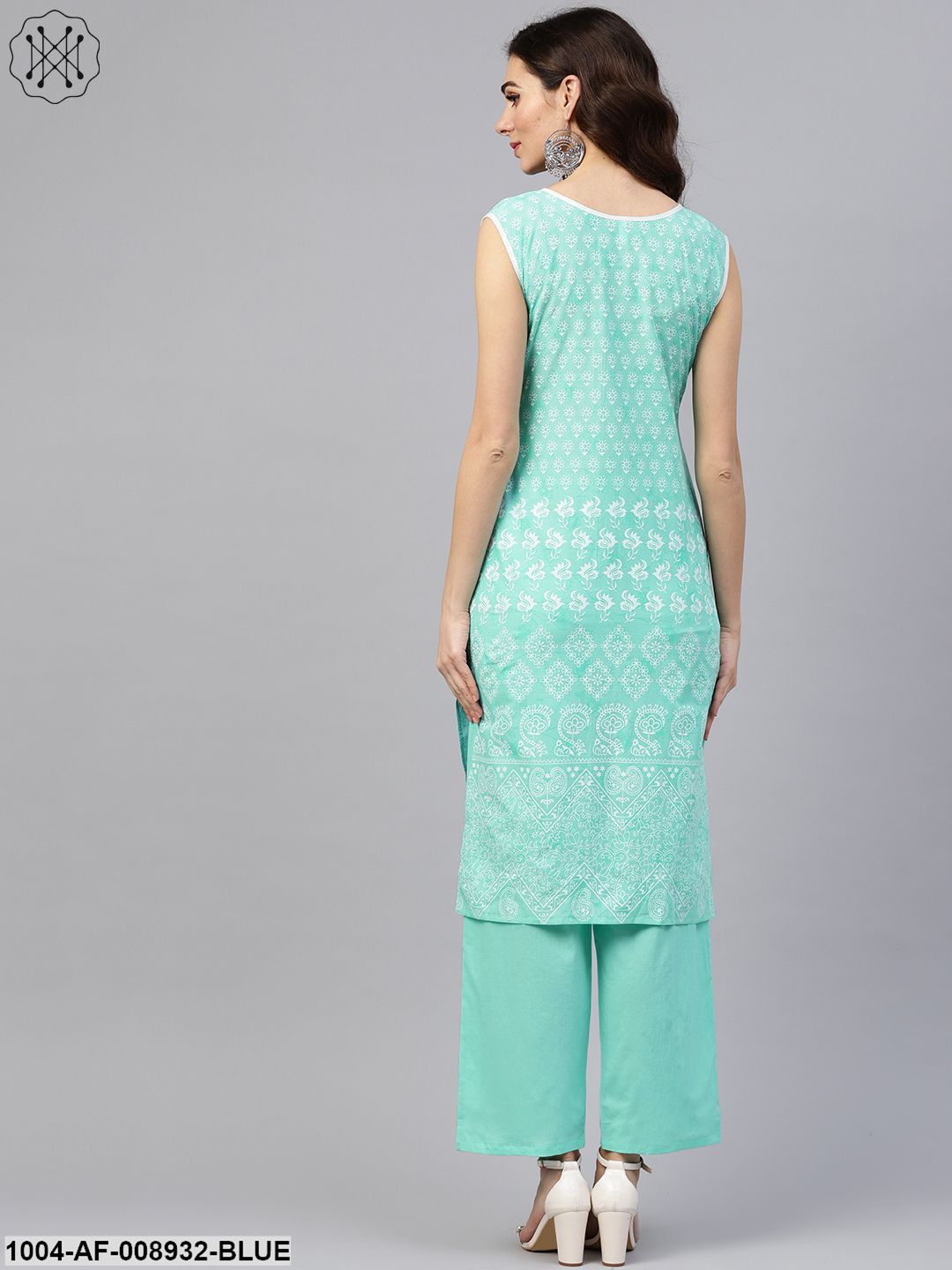 Sky Blue Sleeveless Printed Kurta Set With Solid Pants