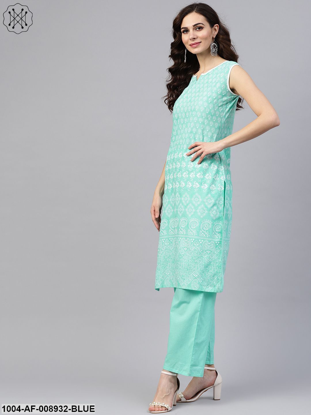 Sky Blue Sleeveless Printed Kurta Set With Solid Pants