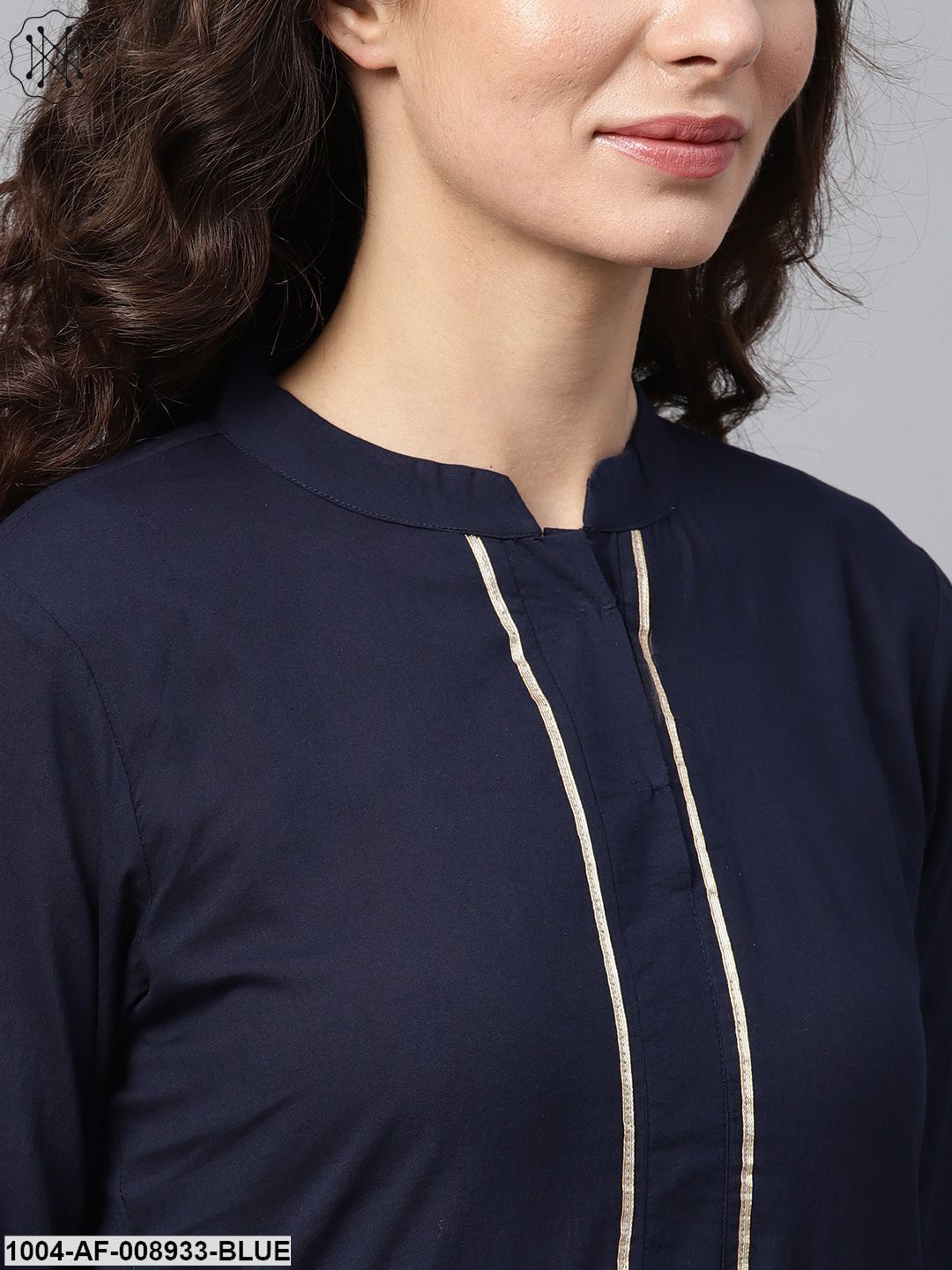 Navy Blue Solid Straight Kurta Set With Checked Pants