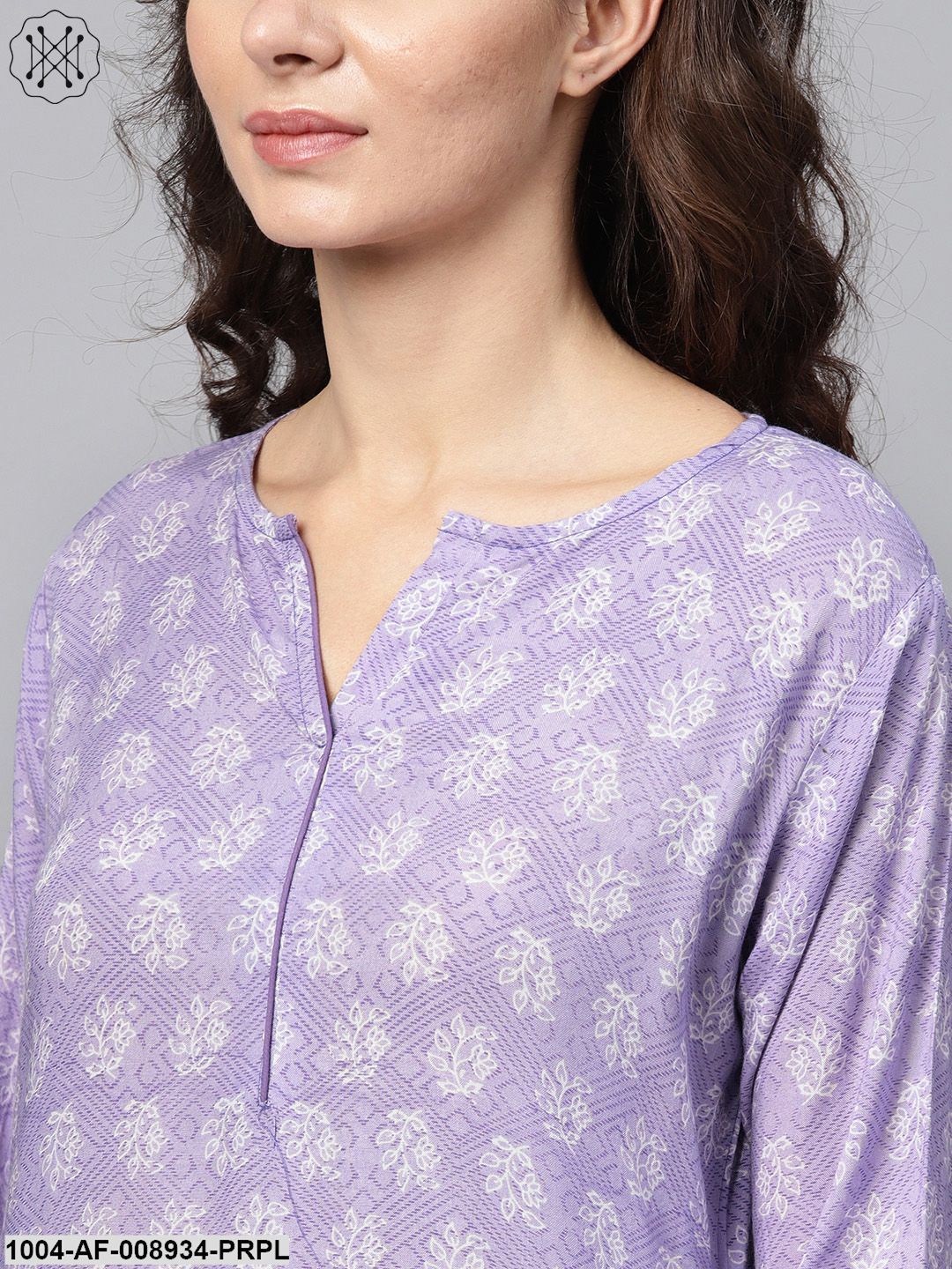 Purple & White Printed Straight Kurta Set With Solid Churidar & Mull Dupatta
