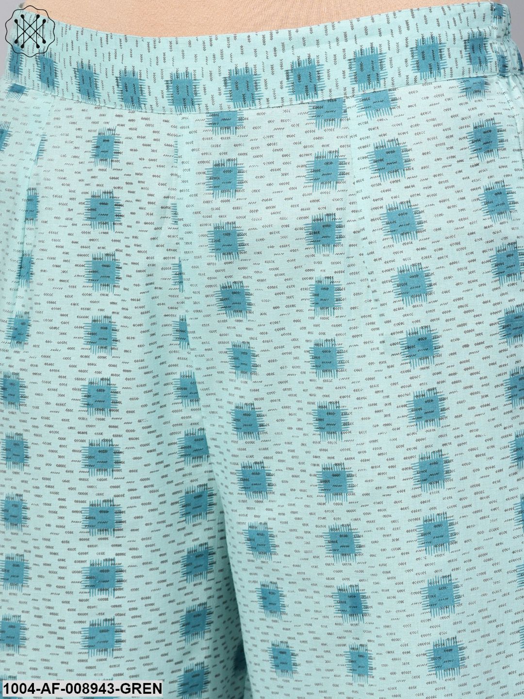 Sea Green Printed 3/4Th Sleeve Cotton Kurta With Printed Palazzo