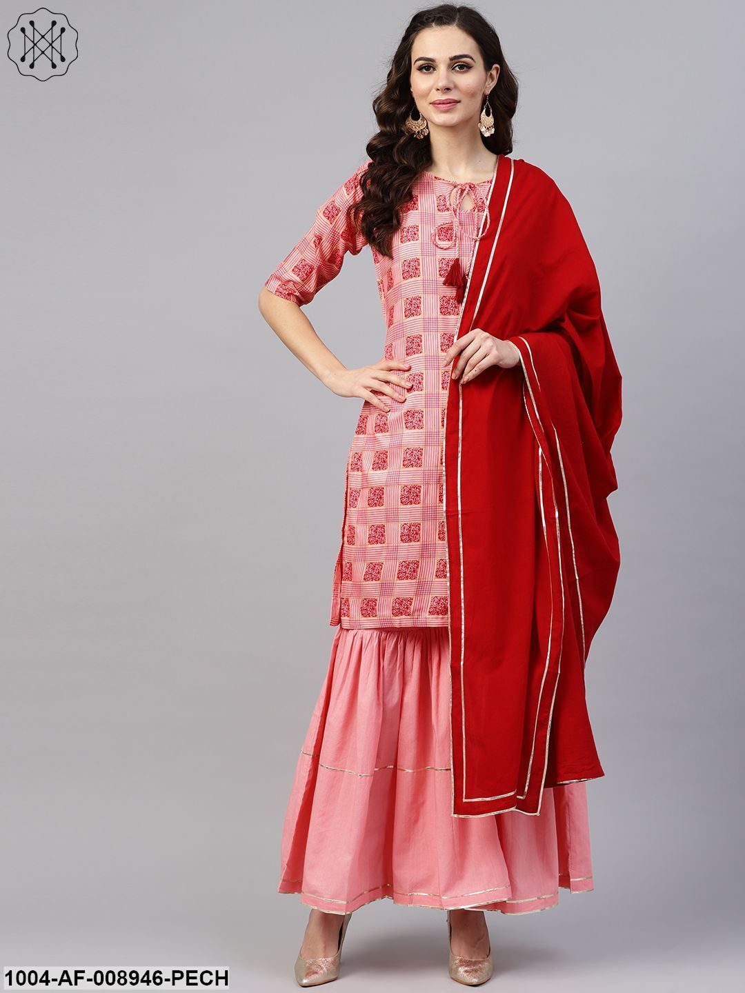 Peach 3/4Th Sleeve Printed Kurta Set With Sahara And Red Dupatta