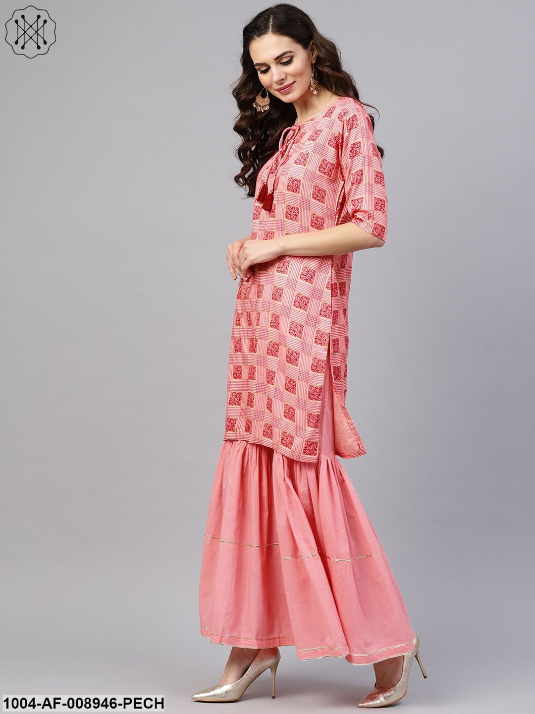 Peach 3/4Th Sleeve Printed Kurta Set With Sahara And Red Dupatta