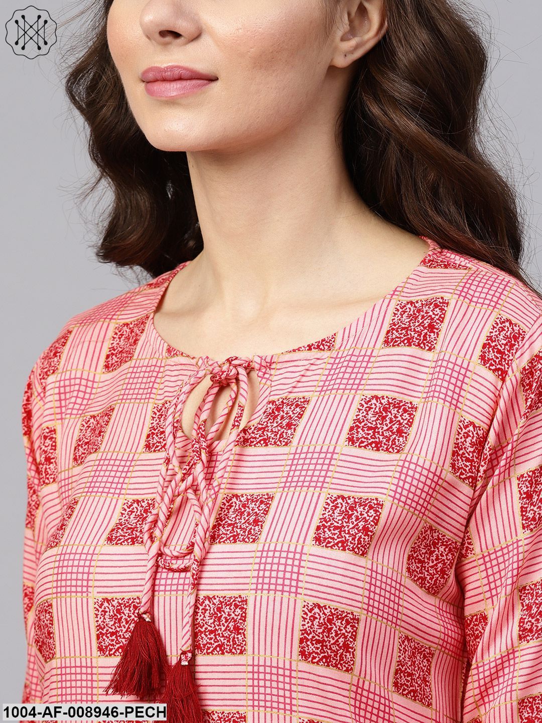 Peach 3/4Th Sleeve Printed Kurta Set With Sahara And Red Dupatta