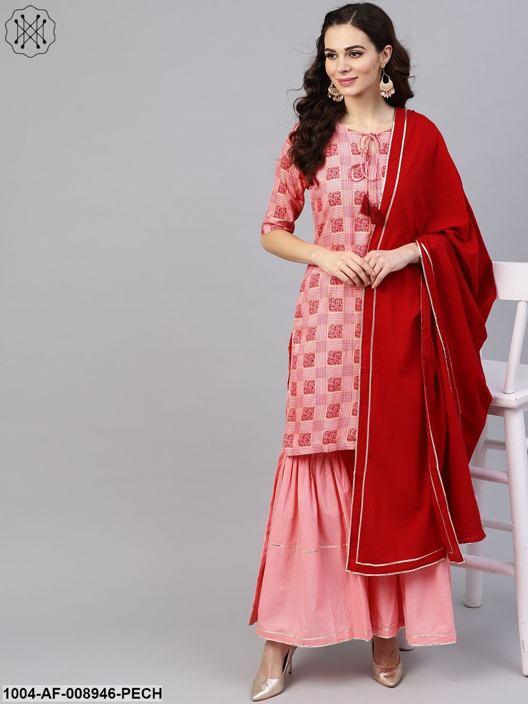 Peach 3/4Th Sleeve Printed Kurta Set With Sahara And Red Dupatta