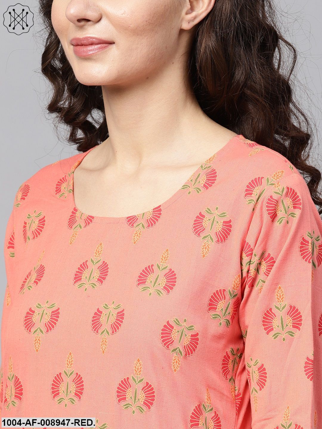Coral Pink Printed Straight Kurta With Sahara & Gold Printed Organza Dupatta