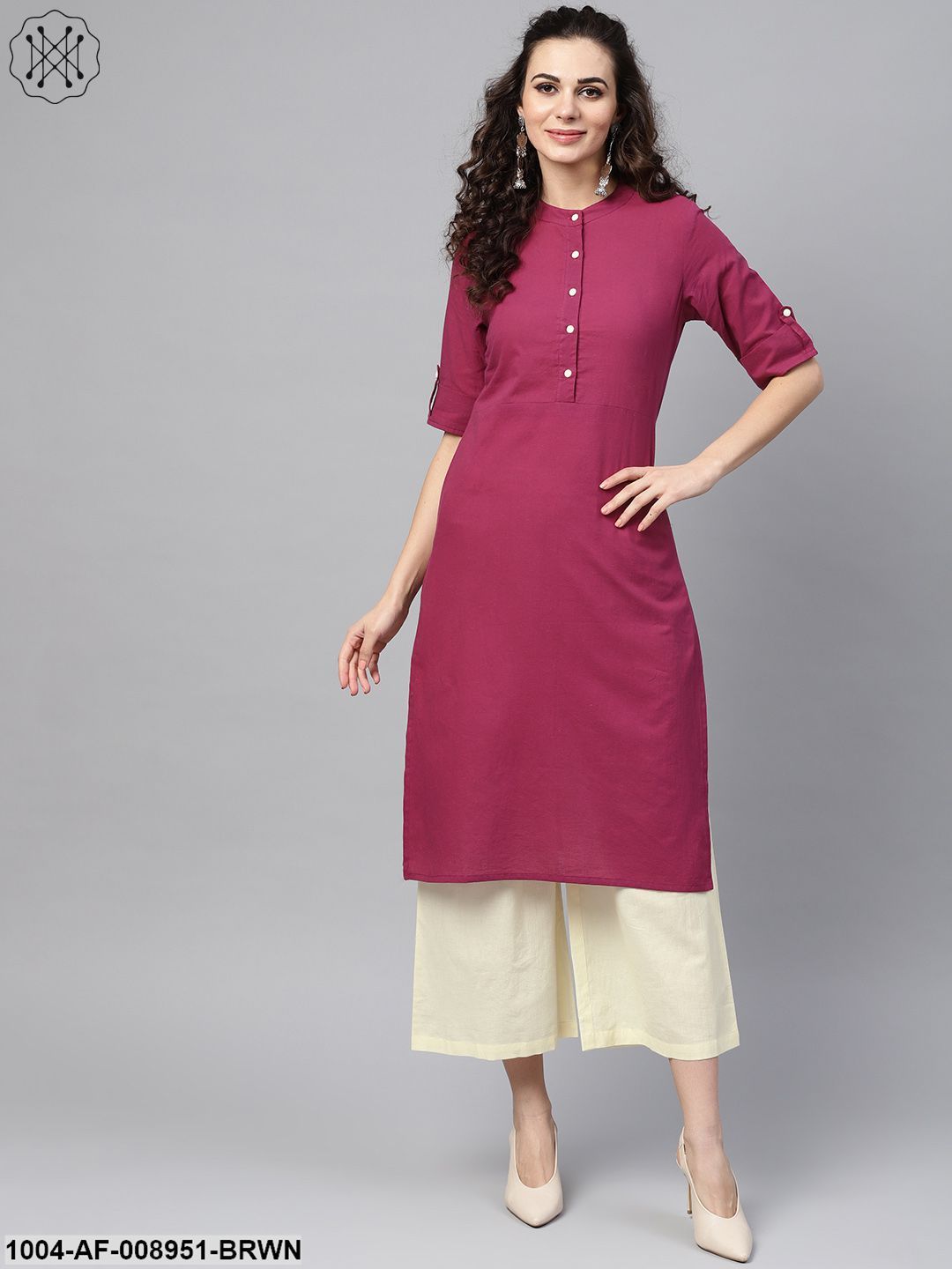 Solid Burgundy Straight Kurta Set With Cream Culottes