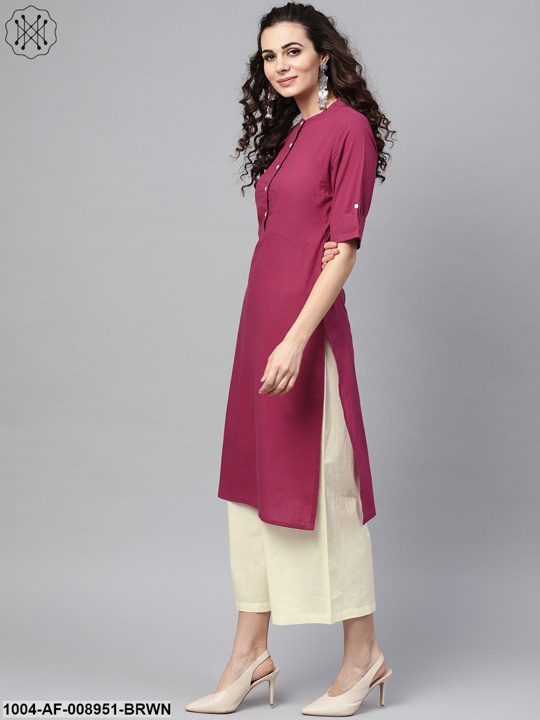 Solid Burgundy Straight Kurta Set With Cream Culottes