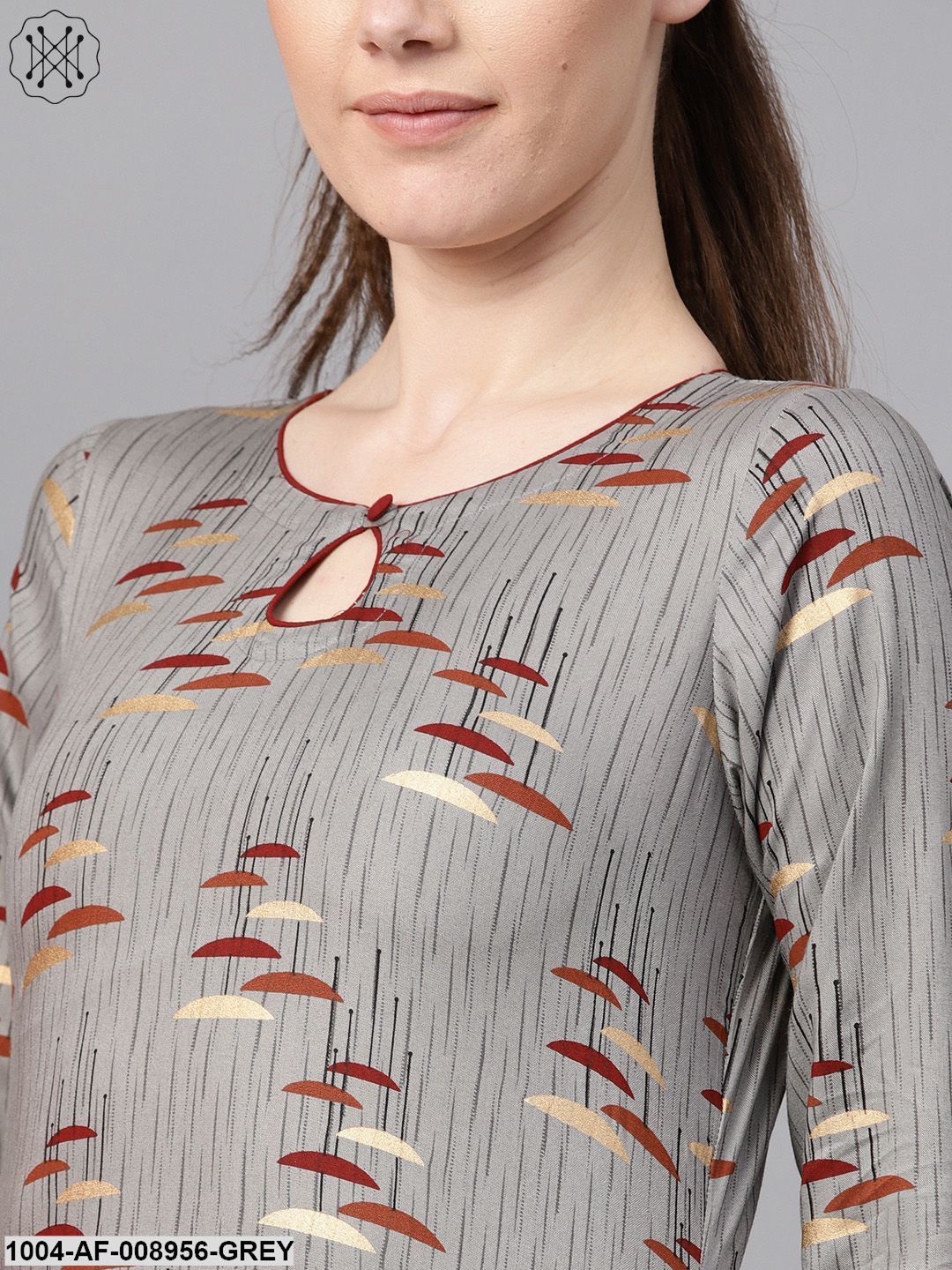 Round Neck Gold Khari Umbrella Printed With A Keyhole Straight Kurta With Solid Maroon Pant