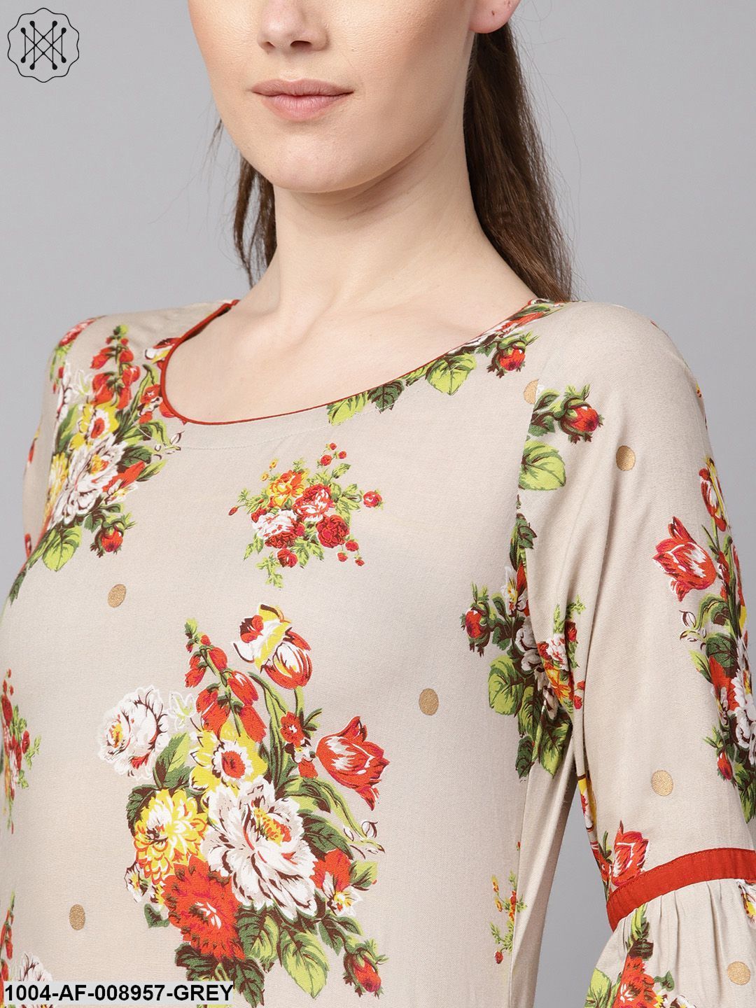 Floral Gold Khari Printed Straight Kurta With Gathered Sleeves & Solid Olive Green Palazzo