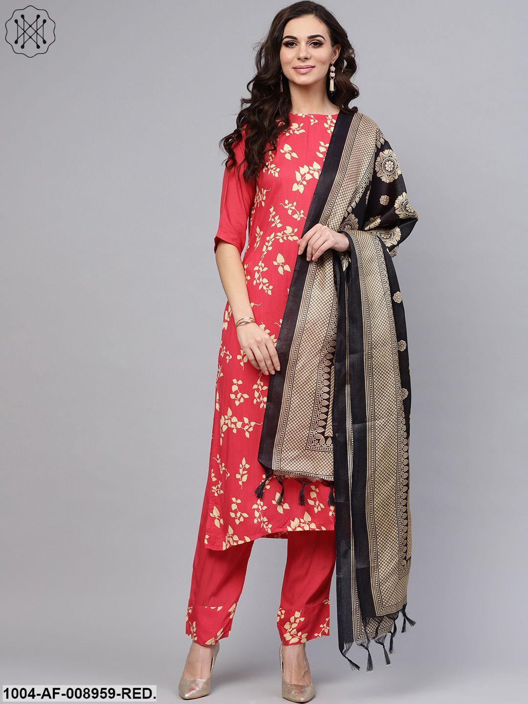 Leaf Printed Straight Kurta And Solid Pants With Printed Dupatta