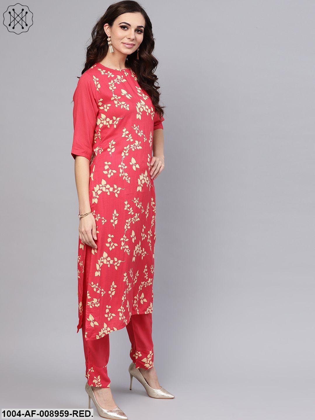 Leaf Printed Straight Kurta And Solid Pants With Printed Dupatta
