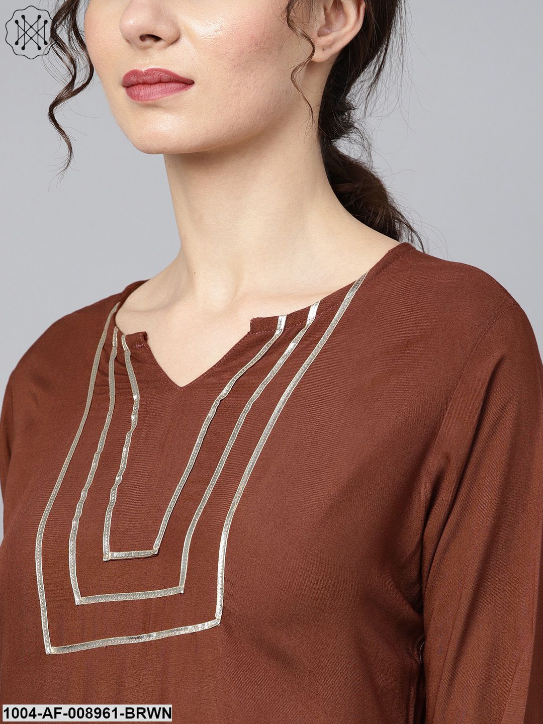 Solid Brown With Goat Detailing Straight Kurta And Sahara With Printed Dupatta