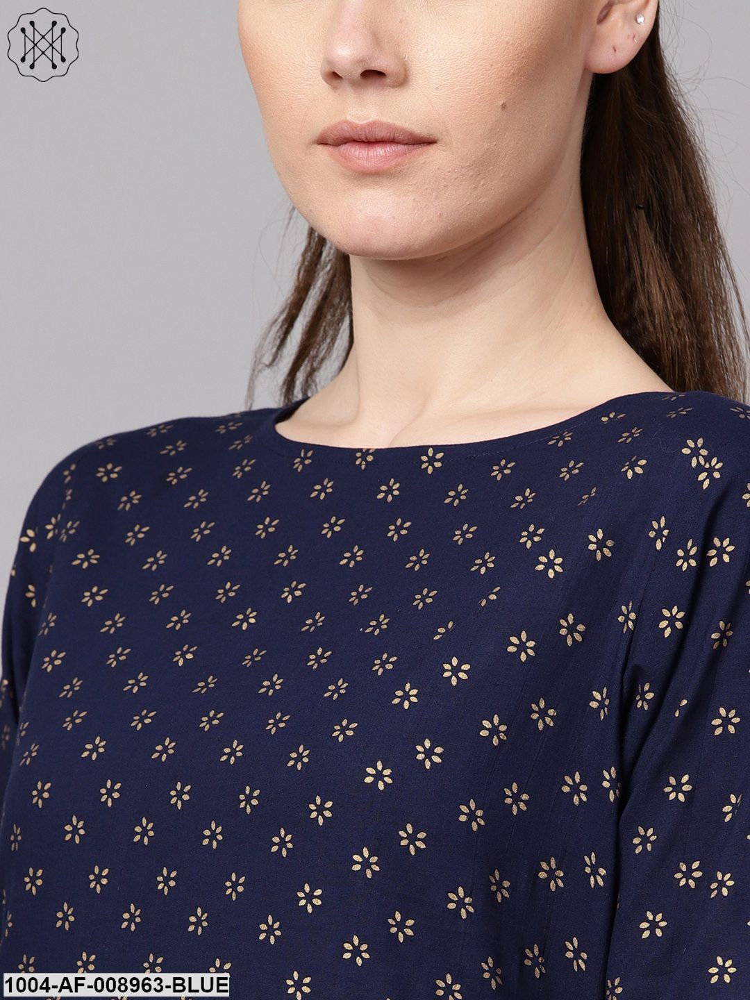 Navy Blue Gold Printed Straight Kurta With Solid Navy Blue Skirt With Solid Rani Pink Dupatta