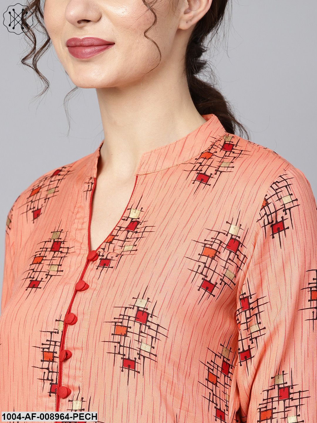 Geometric Gold Khari Printed Straight Kurta With Multi Slits And Button Detailing, With Solid Red Palazzo