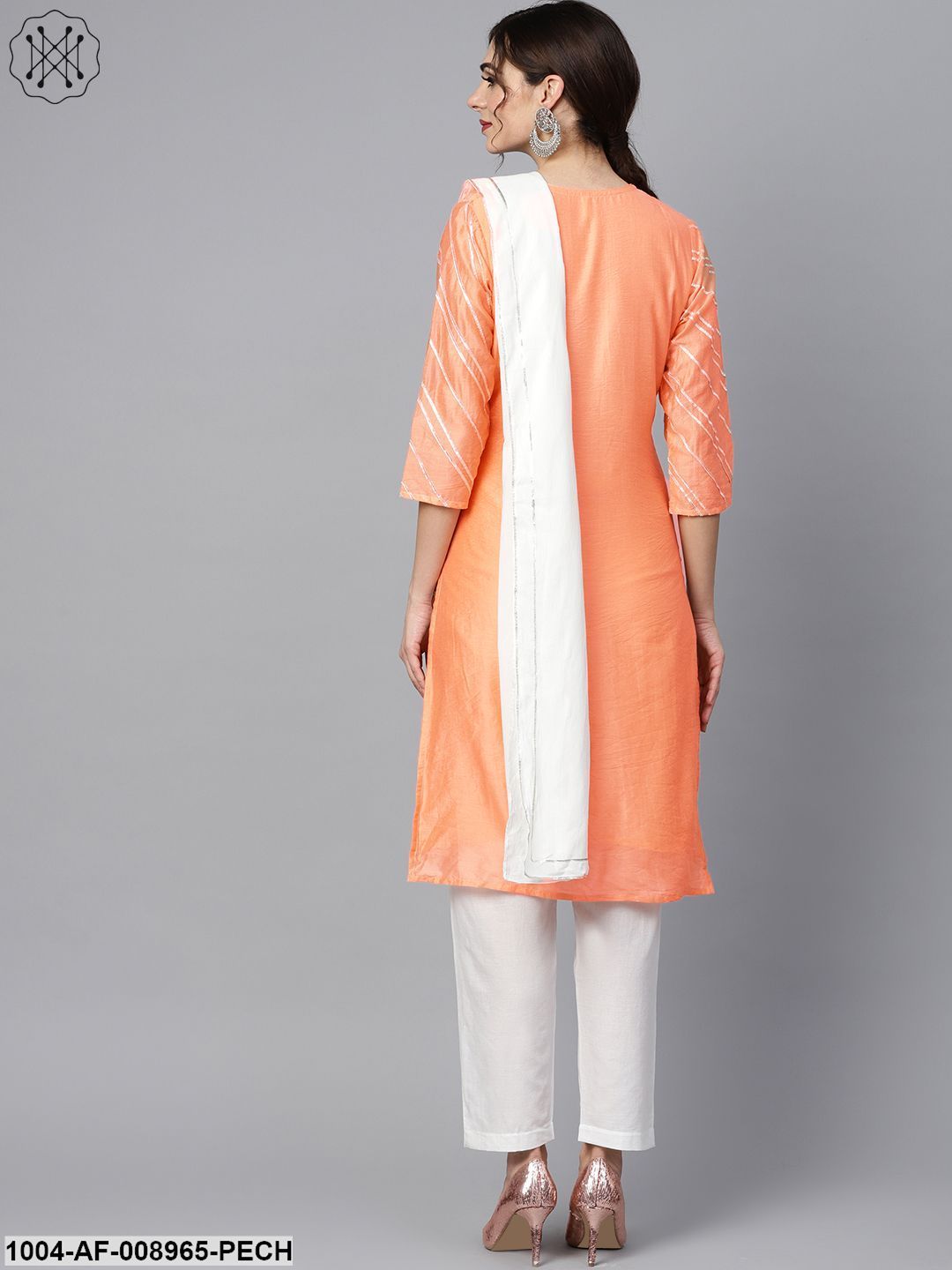 Solid Peach Goat Detailing Straight Kurta And Solid Off White Pants With Goat Detailing Off White Mule Dupatta