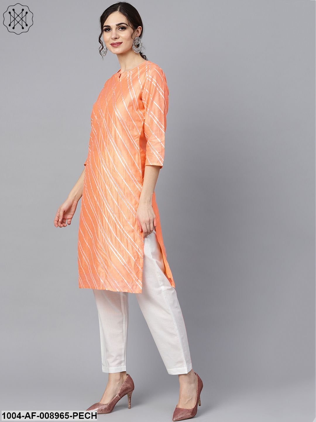 Solid Peach Goat Detailing Straight Kurta And Solid Off White Pants With Goat Detailing Off White Mule Dupatta