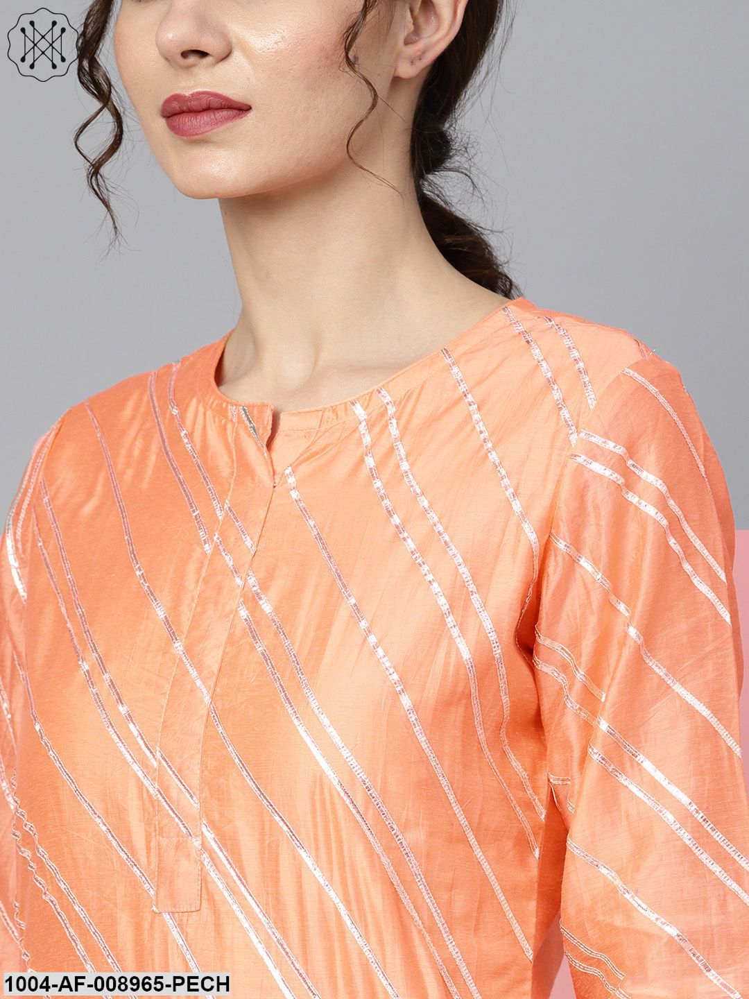 Solid Peach Goat Detailing Straight Kurta And Solid Off White Pants With Goat Detailing Off White Mule Dupatta