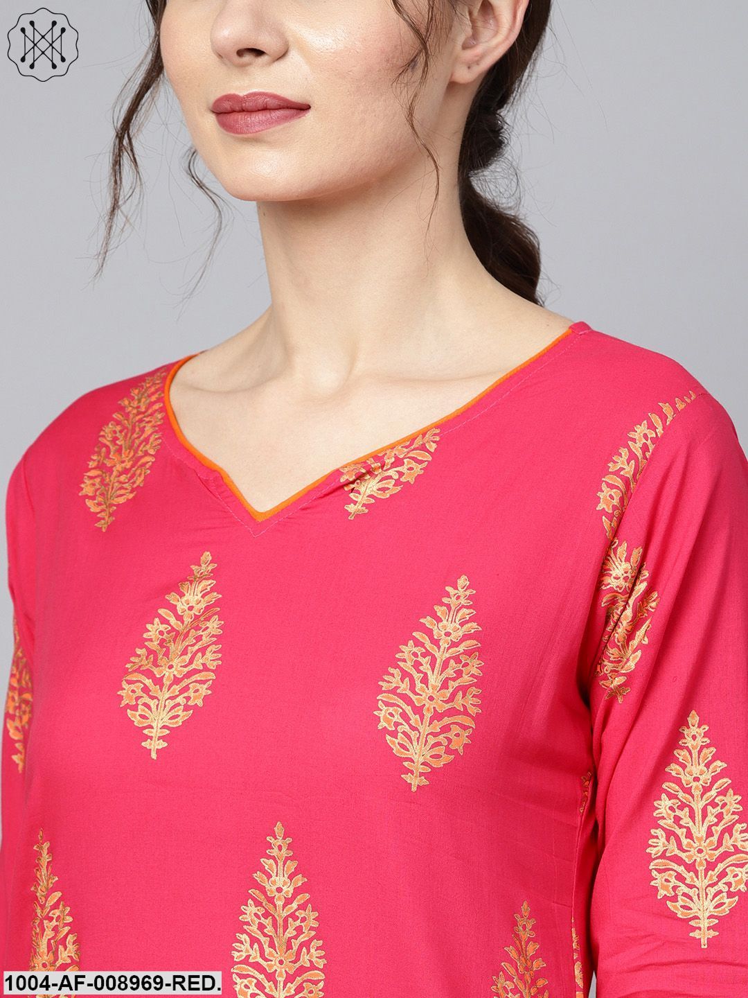 Red Gold Printed Kurta Set With Solid Orange Goat Detailing Pant