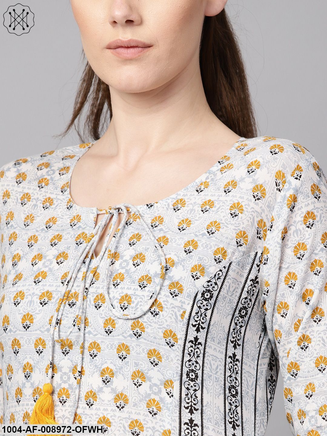 Light Grey Printed Round Neck With Slit And Hangings 3/4Th Sleeve Straight Panelled Kurta With Printed Palazzo And Printed Dupatta.