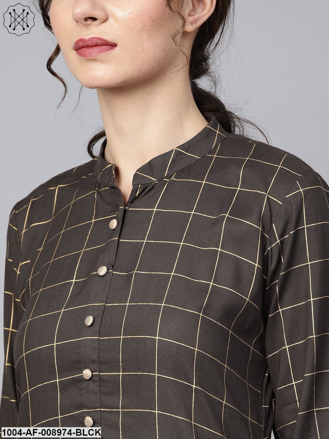 Black Checkerd Gold Printed 3/4Th Sleeve Chinese Collared Button Detailing Kurta With Solid Sahara