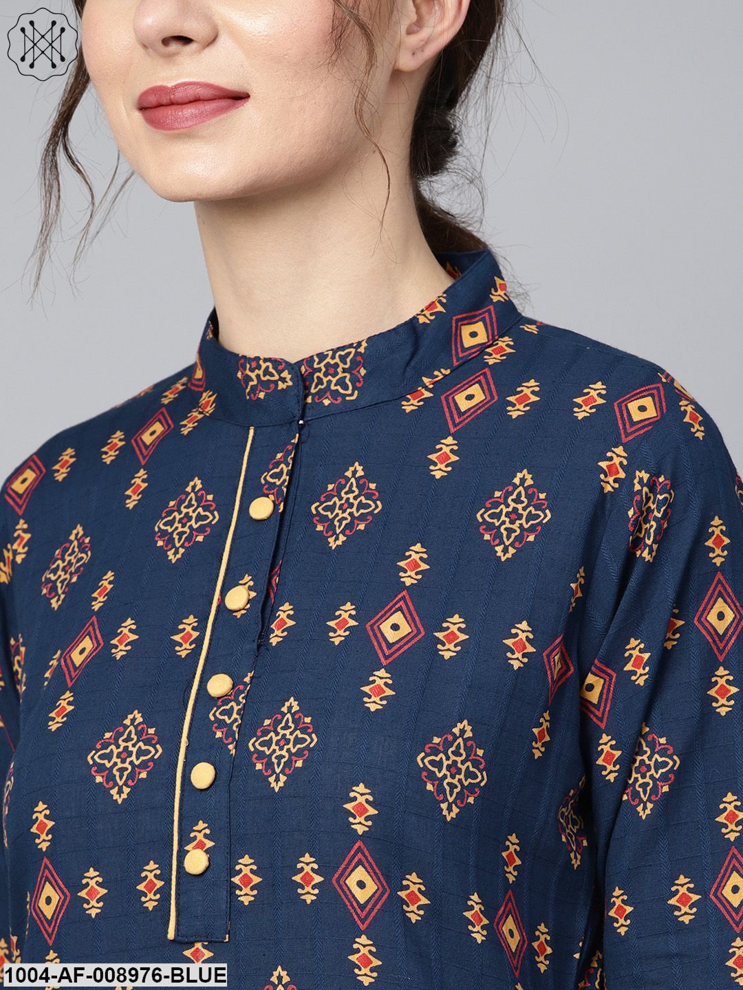 Navy Blue Geometric Printed 3/4Th Sleeve Kurta Set With Solid Yellow Pants