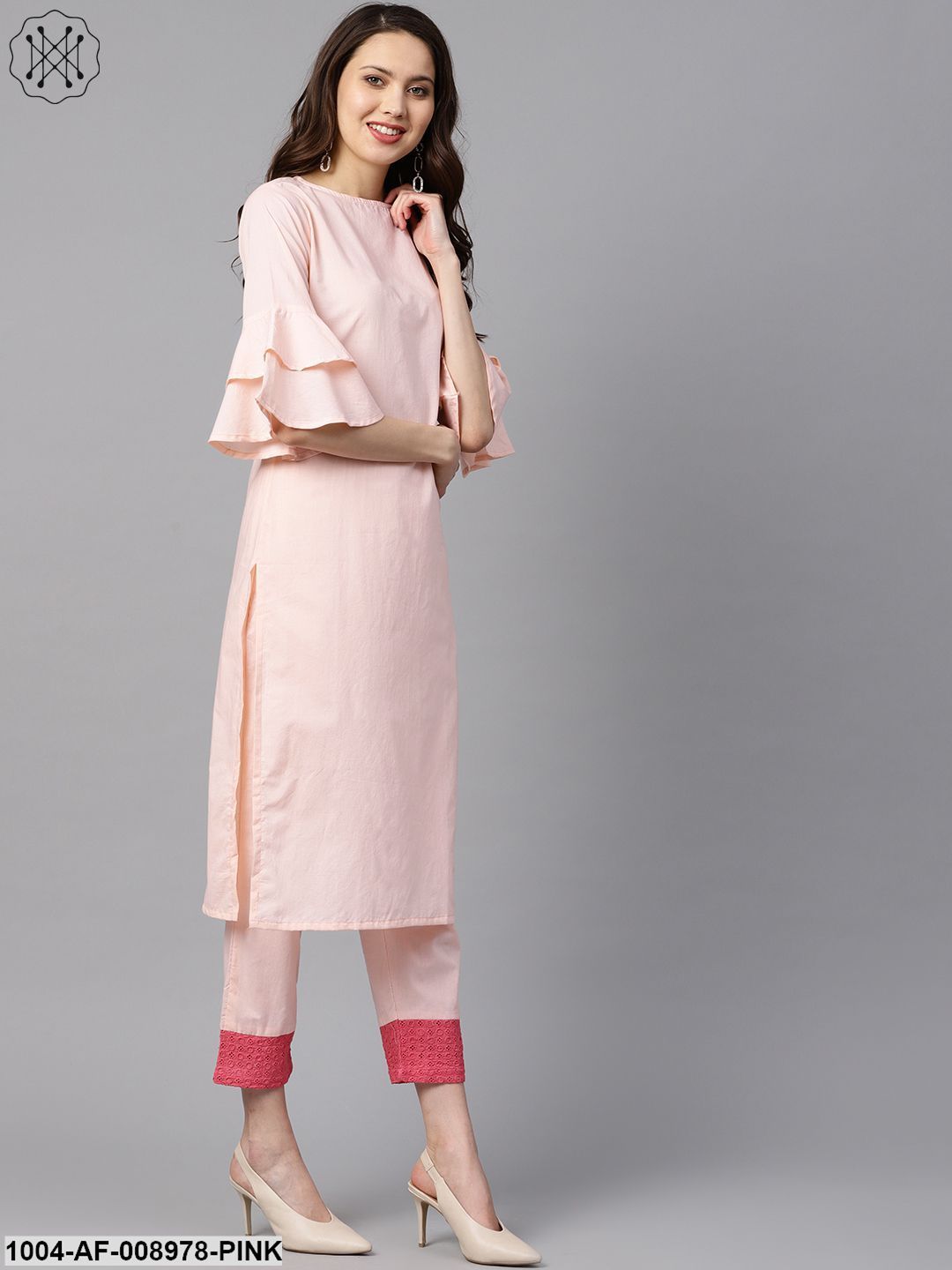Solid Light Peach Straight Kurta With Flared Sleeves & Pants With Shefali Detailing