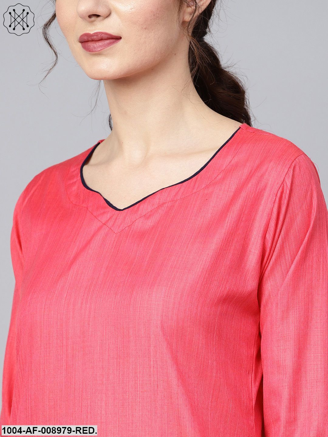 Red 3/4Th Sleeve Cotton Kurta Set With Pleated Salwar & Blue Dupatta