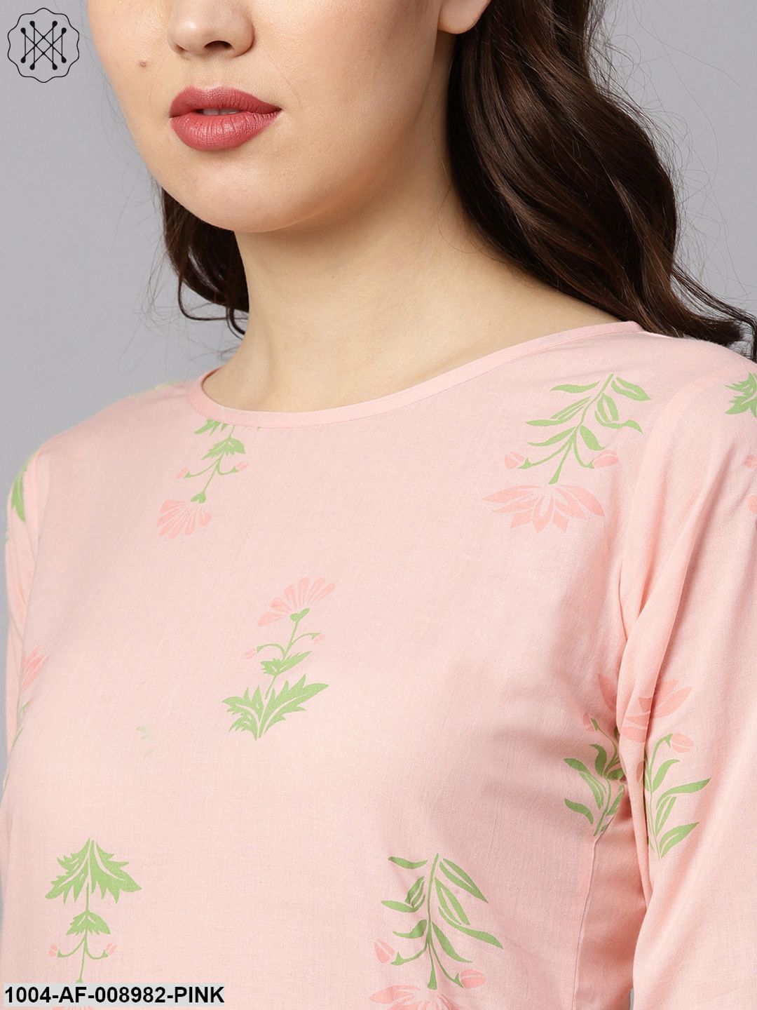 Peach Printed Floral Round Neck 3/4Th Sleeve Straight Kurta With Striped Pants