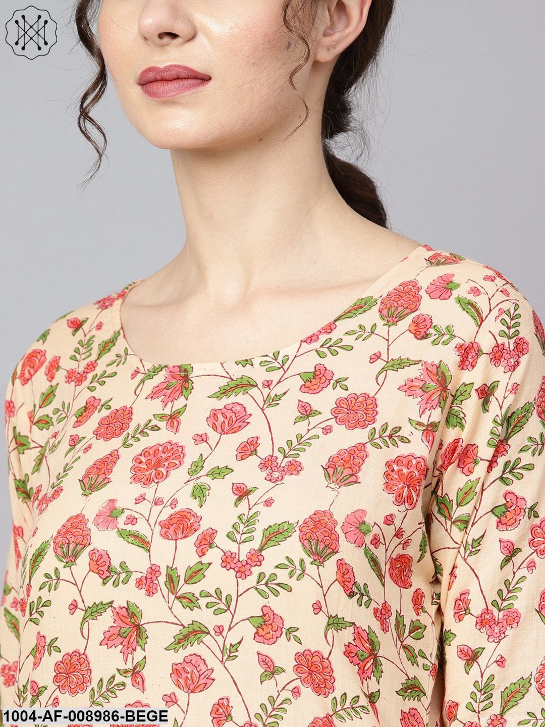 Beige Coloured Floral Printed Straight Kurta With Solid Pink Pants & Mule Dupatta