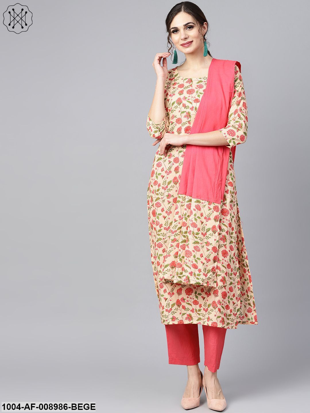 Beige Coloured Floral Printed Straight Kurta With Solid Pink Pants & Mule Dupatta