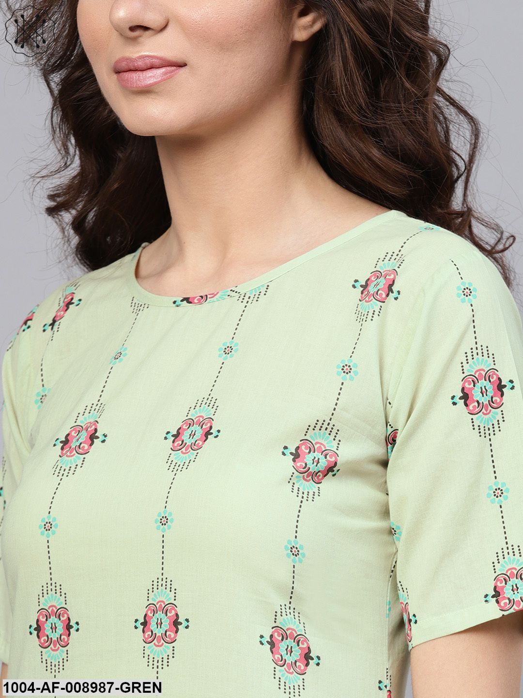 Pastel Green Printed Half Sleeve Straight Kurta With Pants