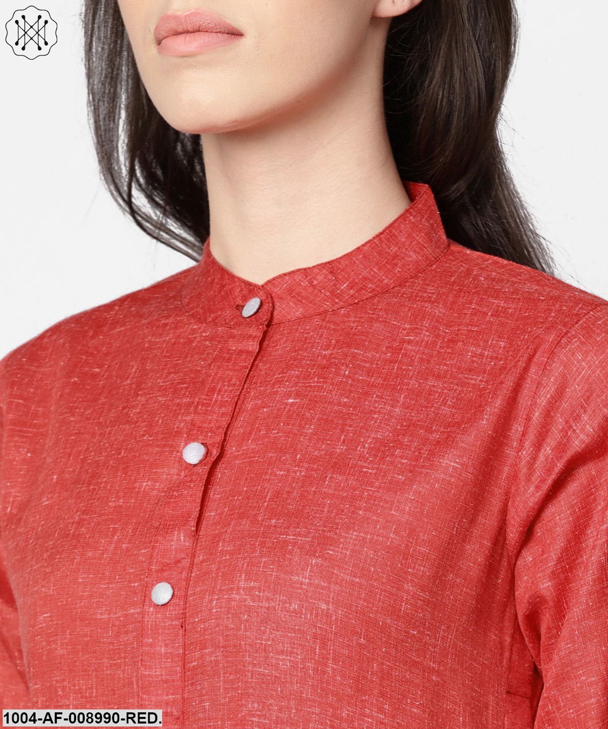 Red High-Low Short Sleeve Kurta Set With Solid Grey Pants